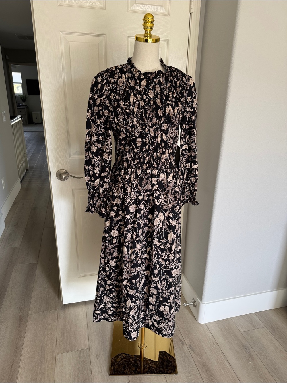 Black & Tan Floral Smocked Susanne Midi Dress - Hyacinth House size Large